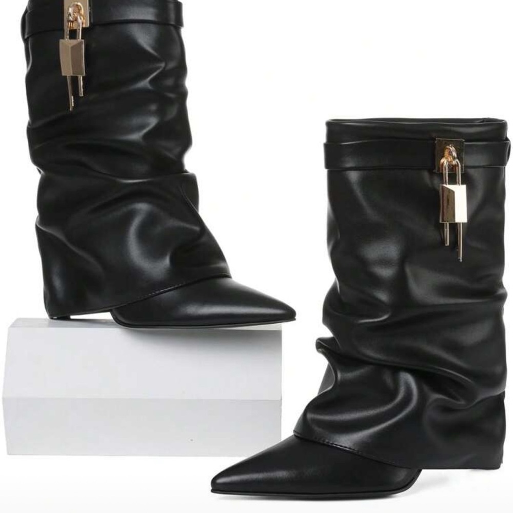 Boutique 9 Black Leather Heeled Boots with Gold Detail